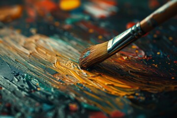 Fototapeta premium Macro shot capturing a virtual paintbrush icon creating vibrant strokes on a digital art platform with splatters, embodying modern creativity