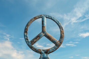Naklejka premium Weathered peace sign sculpture set against a calm blue sky, depicting ideals of harmony