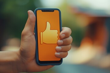 Hand holding a smartphone with a thumbs up emoji on the screen, symbolizing positive feedback, approval, or digital communication