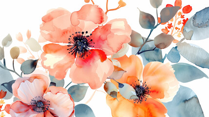 Watercolor flowers isolated on white background, floral illustration for cards