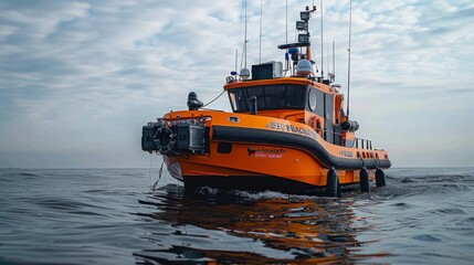 A bright orange rescue boat with a black stripe and the words RED DE SALVAMENTO on its side, cuts through the smooth waters of the open ocean on a cloudy day.