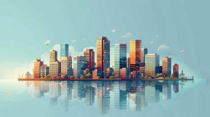 Fototapeta premium A vibrant cityscape with high-rise buildings reflecting on calm water, showcasing urban beauty and tranquility.