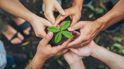 Group of diverse hands holding a young sapling together outdoors.