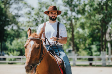 Man horseback riding outdoors on a sunny day, dressed casually in a white t-shirt and brown hat....