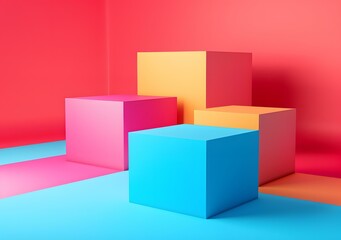 Fototapeta premium Four 3D cubes of different colors on a pink and blue background