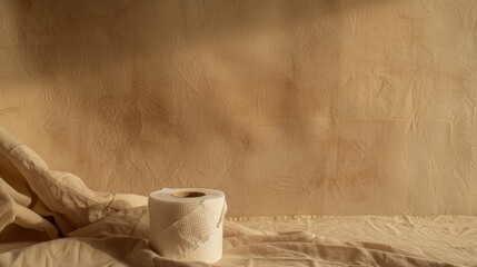 Toilet paper on a tan backdrop