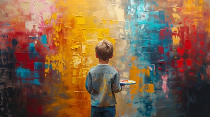 Obraz premium A young boy, wearing a paint-splattered smock, stands in front of a large abstract painting, holding a palette in his hand. He is admiring the artwork, and the colors of the canvas reflect in his eyes