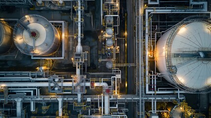 Industrial Complex Aerial View: Factory Infrastructure, Oil Refinery, Modern Industry 4.0 Network, And Large Plant With Pipes And Tanks, Cloud Computing Concept, Top View