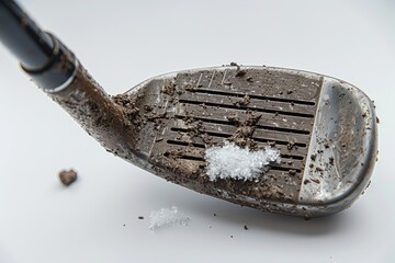 Fototapeta premium A dirty golf club with a snowflake on it. The club is covered in mud and snow, and the snowflake is on the head of the club