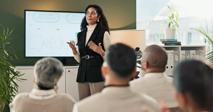 Applause, leader and business woman in presentation for training, coaching or celebrate in startup. Manager, success and speaker on screen with team clapping for happy financial advisor with erp data