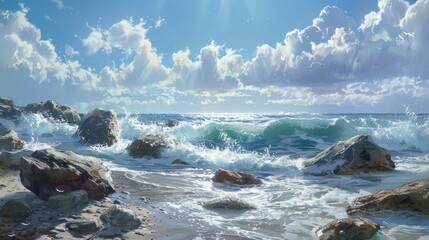 Obraz premium Rocky beach with a backdrop of waves