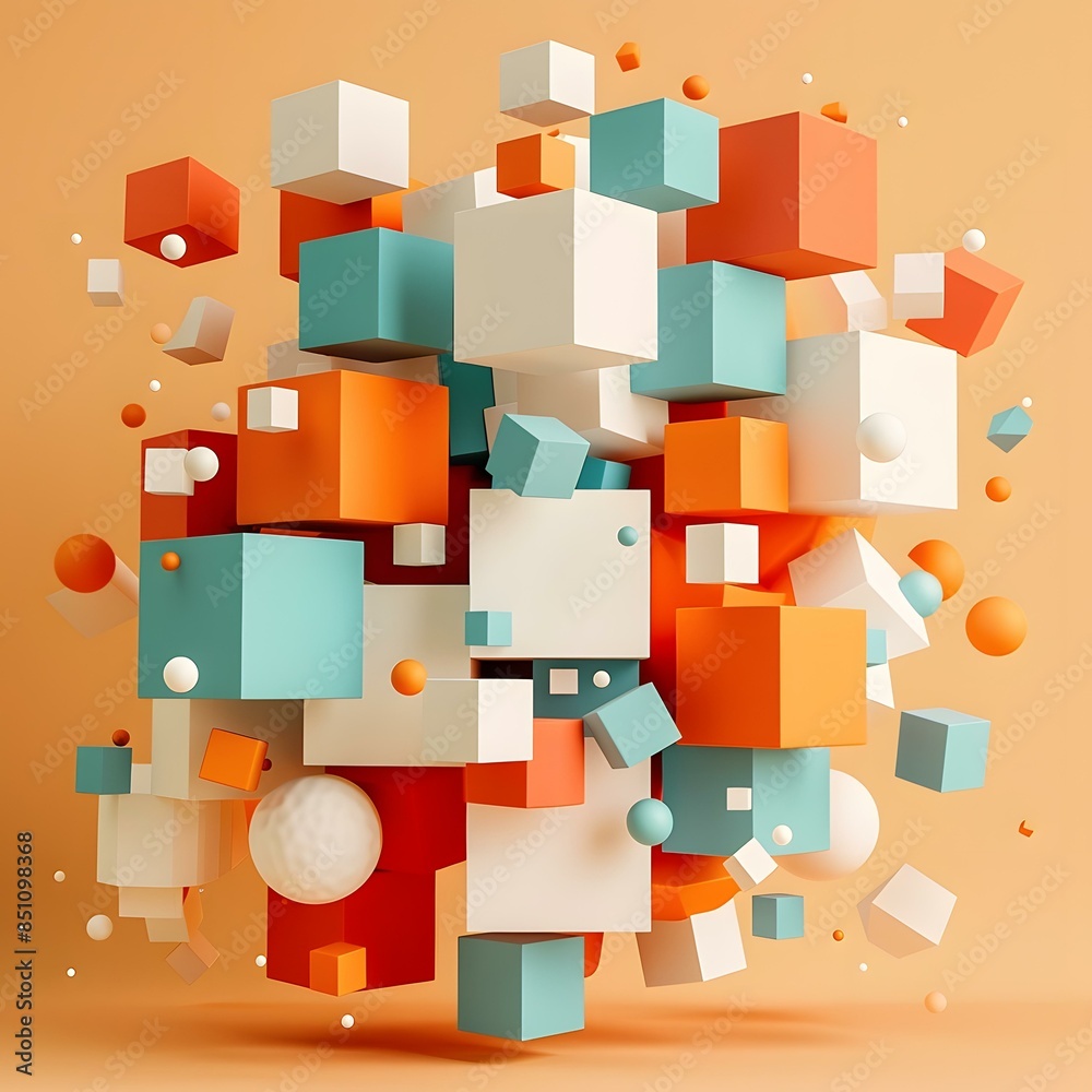 Poster Colorful 3D cubes and spheres composition