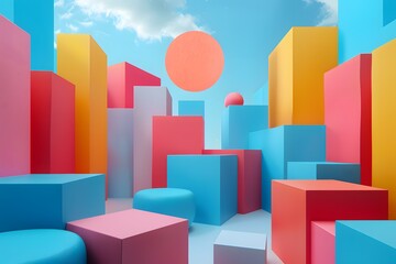 3D rendering of a colorful city with geometric shapes