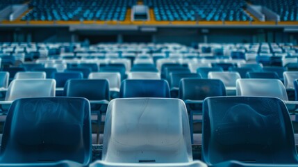Obraz premium Photo of an empty soccer stadium with blue stadium seats.