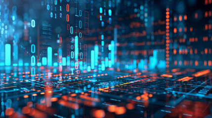 Abstract visualization of digital data with blue and orange binary codes and graphs, representing technology and information systems.