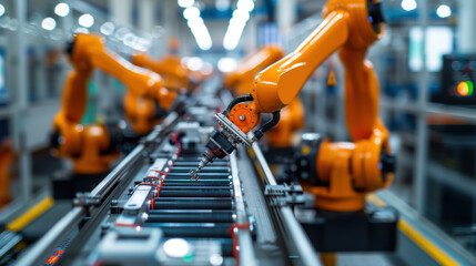 Naklejka premium A factory with robots working on a conveyor belt