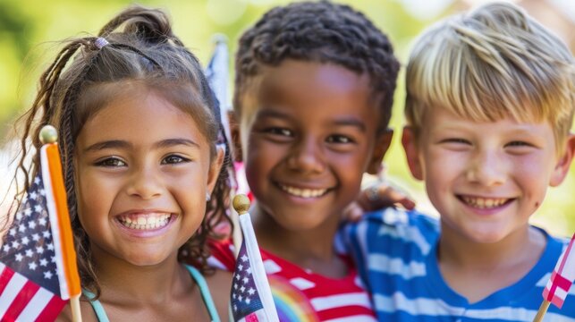 diverse kids holding small American flags for Fourth of July celebration - patriotism - childhood joy - national unity - Powered by Adobe