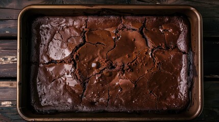 Burnt brown cracked chocolate cake in a baking pan