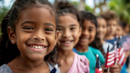 diverse kids holding small American flags for Fourth of July celebration - patriotism - childhood joy - national unity