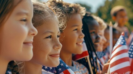 diverse kids holding small American flags for Fourth of July celebration - patriotism - childhood joy - national unity