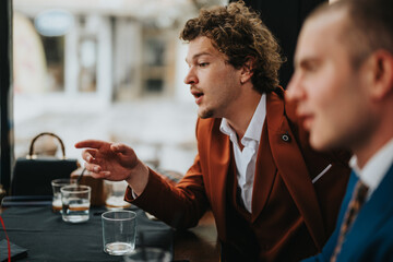 Focused business professionals having a meeting in a coffee shop, brainstorming ideas and analyzing strategies for revenue and marketing growth.