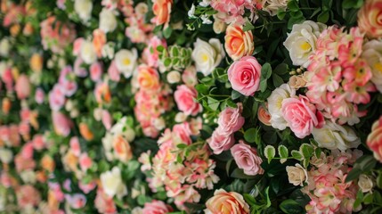 A close-up photo of a wall covered in pink and white flowers. The flowers are arranged in a random pattern, creating a beautiful and vibrant display.