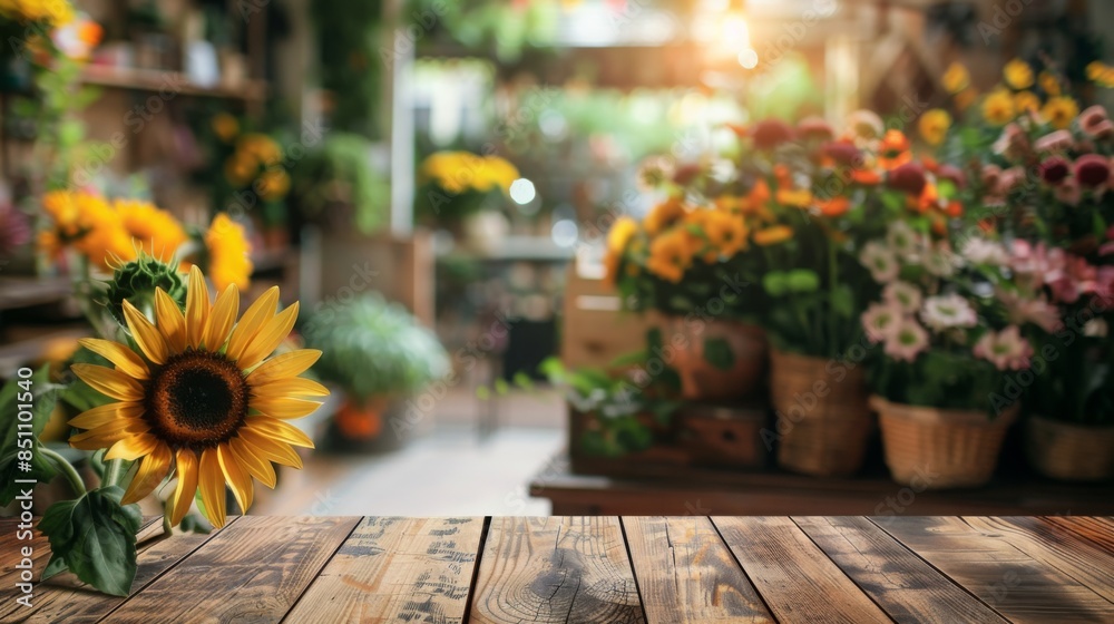 Poster A single sunflower sits on a wooden table in front of a blurred background of a flower shop. The shop is filled with a variety of flowers in pots, creating a vibrant and colorful atmosphere.