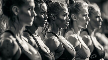 A black and white photo of several female athletes posing in sports bras, showing off their toned muscles and determined expressions.