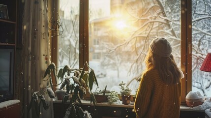 Woman looking at a blizzard from her cozy warm home