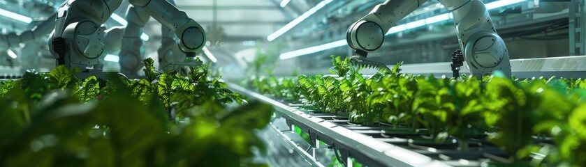 Multiple robotic arms harvesting crops in a high-tech indoor farm, rows of leafy greens, Digital Illustration, Bright Lighting - Powered by Adobe