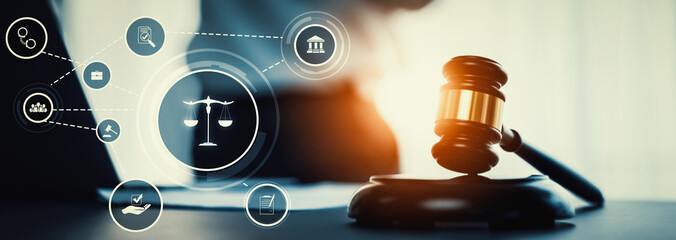 Smart law, legal advice icons and lawyer working tools in the lawyers office showing concept of...
