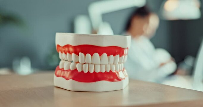 Teeth, model on table and veneers at dentist, prop for dental health and oral hygiene with healthcare. Medical, help and toothache, cavity and gum for clean in hospital, mouth and tooth in workplace