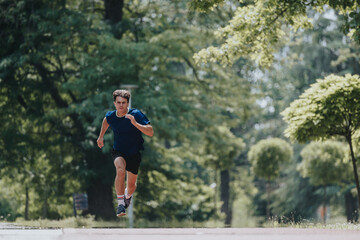 Man running in a park on a sunny day, focusing on fitness, health, and exercise in a natural outdoor setting.