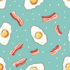 Seamless pattern with fried eggs and bacon on a teal background. Ideal for kitchen decor, textiles, and culinary designs.