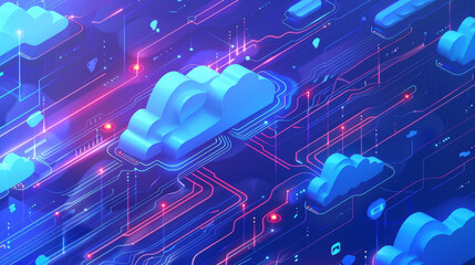 Isometric illustration of cloud technology, data transfer and online storage concept with glowing circuit lines on blue background