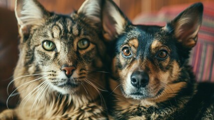 Portrait of a Happy Dog and Cat Looking at the Camera Together, Celebrating Pet Friendship