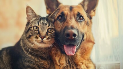 Obraz premium Happy Dog and Cat Together: Portrait Showcasing Their Friendship