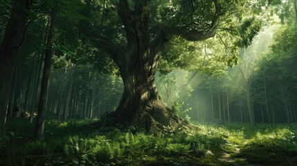 Naklejka premium Large tree at the center of the woodland