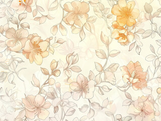 Fototapeta premium Muted cream floral wallpaper, pastel petals, delicate vines, intricate design, soft natural lighting.