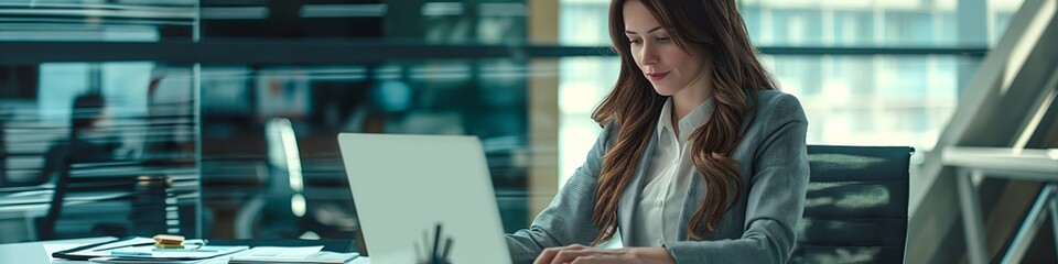 Fototapeta premium A professional woman at work with a laptop in a modern office.