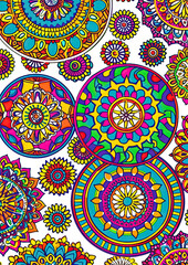 Detailed mandala wallpaper, white background, multicolor circles, symmetrical design, bright lighting.