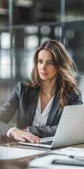 Obraz premium A professional businesswoman with a laptop in a modern office environment.