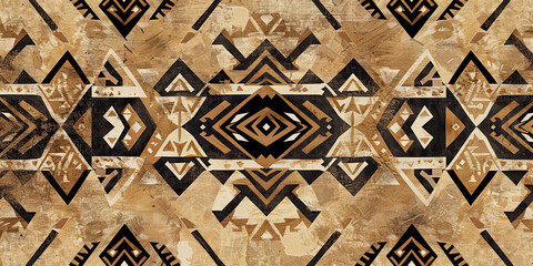 Bold tribal wallpaper, brown with beige and black motifs, geometric shapes, soft lighting, earthy colors.
