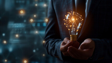 Project Management: Success Concept. Hands of businessman holding light bulb and Project Management Icon with data network digital technology. Strategic Planning, Team Collaboration.