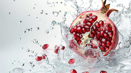 Pomegranate splashing into water with seeds scattering


