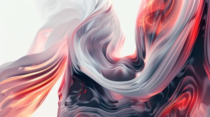 Fluid abstract swirls in shades of red, gray, and white with a marbled art effect