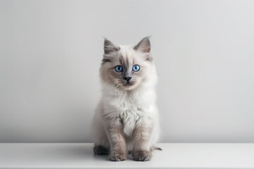  Photo of an adorable ragdoll kitten with blue eyes sitting on a white table against a solid light...