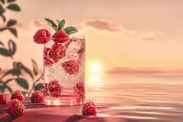 Close-up of a raspberry spritz with fresh raspberries floating and mint, set against a light pink sunset background. Glass of sparkling water with fresh raspberries.