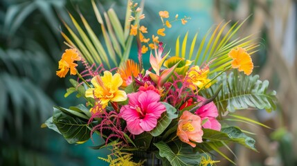 A vibrant tropical flower arrangement featuring a variety of blooms, including pink hibiscus, yellow orchids, and orange lilies, set against a backdrop of lush green foliage.