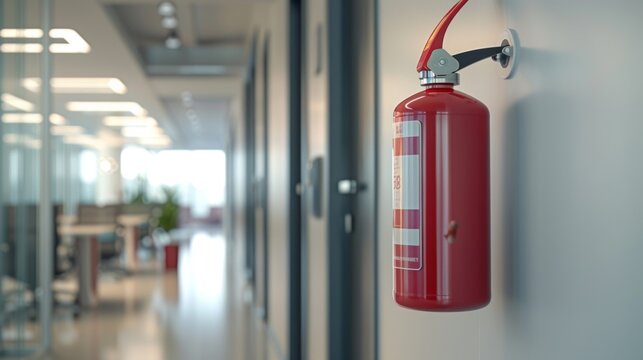 A red fire extinguisher mounted on a wall in a modern office corridor with blurred background.